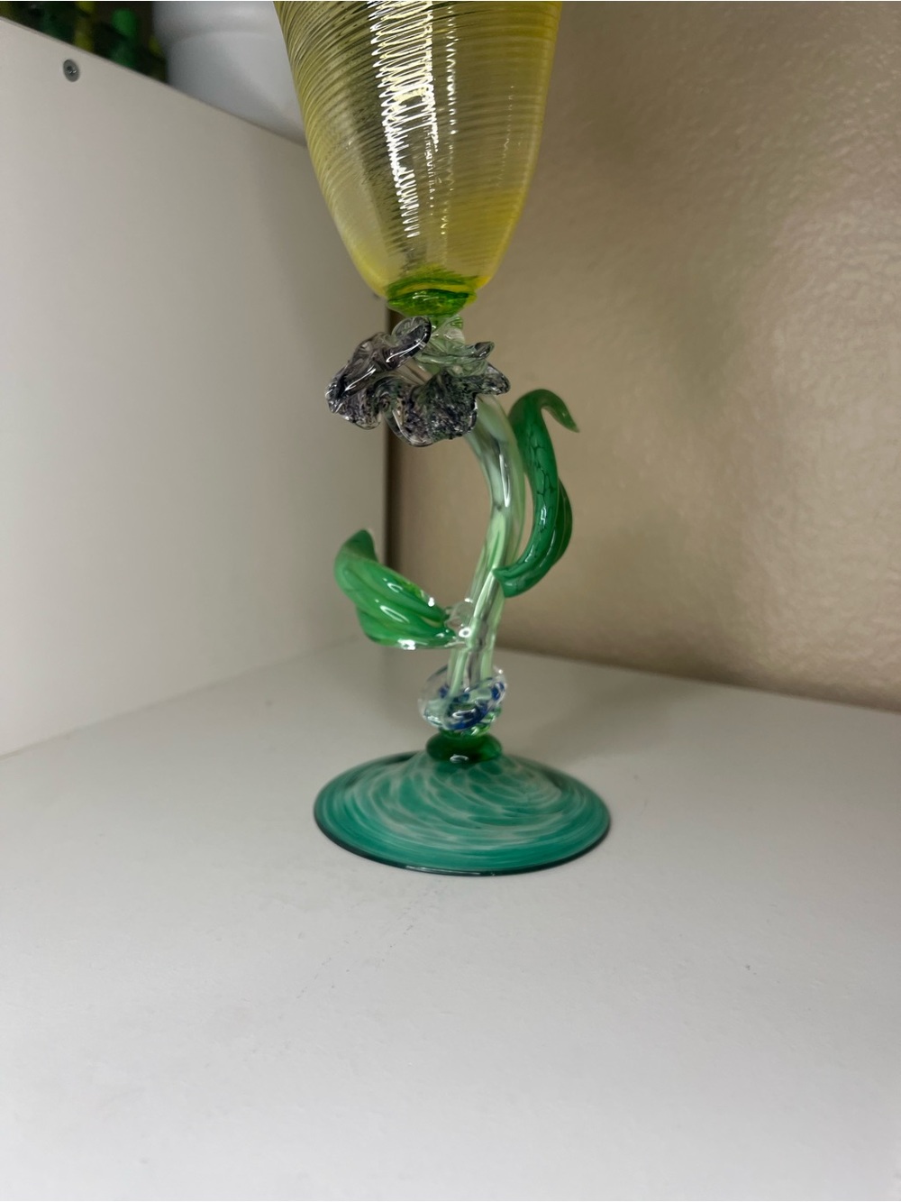 Hand Blown Art Glass Floral Goblet Yellow Bowl Purple Flower Stem Chalice